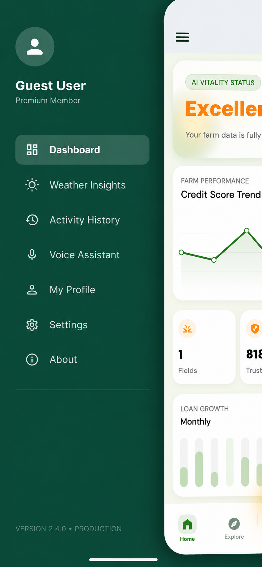 TATVA Navigation drawer — Dashboard, Weather Insights, Activity History